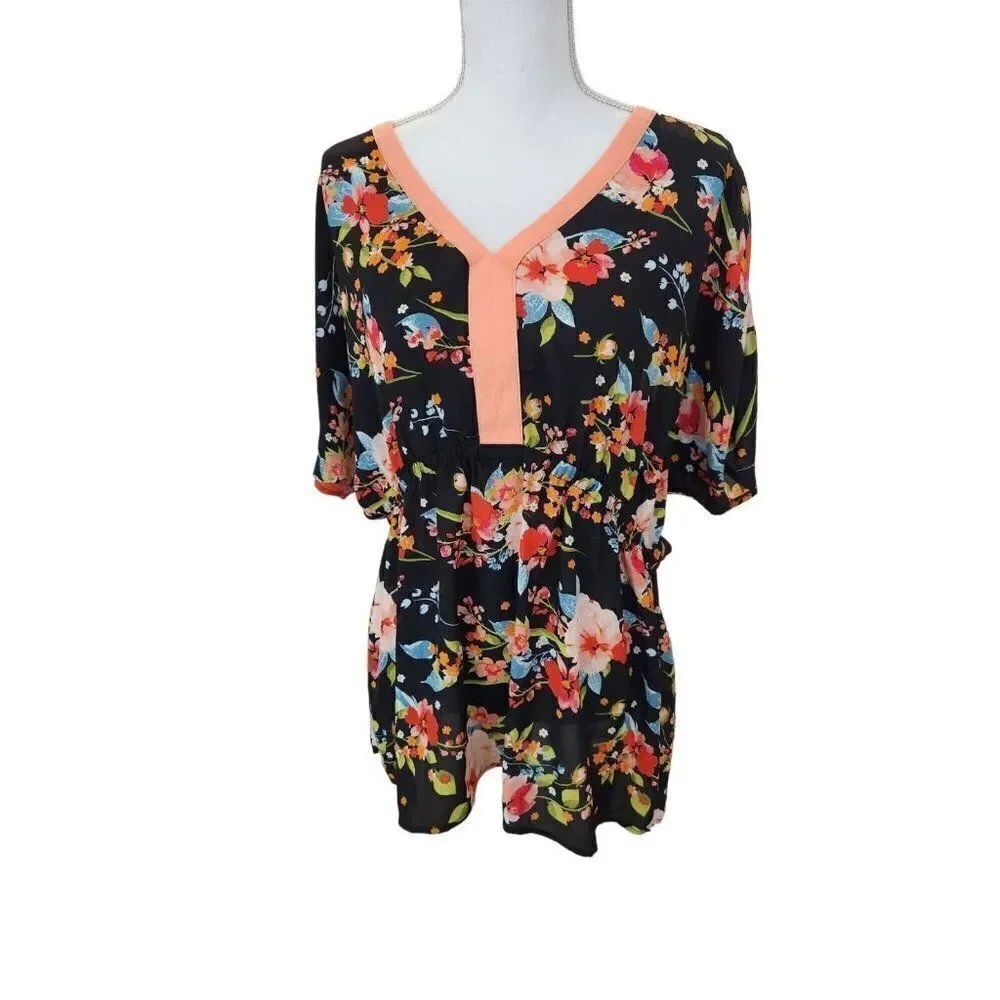 Pioneer Woman Black Floral Peplum Shirt Blouse L Office Casual